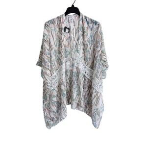 Avenue Floral Kimono Wrap White Sheer Crochet Lace Trim Boho Open Front NWT